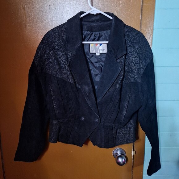 Vintage 80's Suede Leather Jacket By Wilson Cropped Floral - Size L - Picture 1 of 7